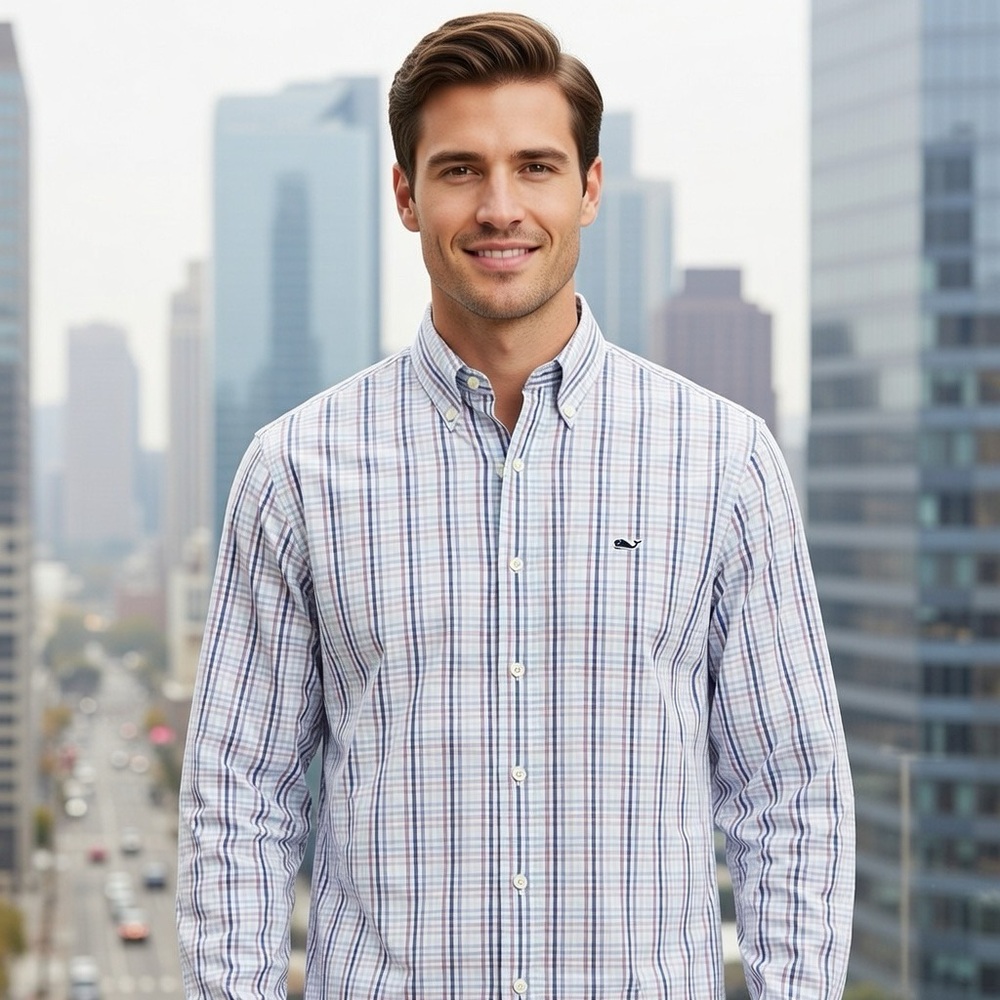 Vineyard Vines Blue Purple White Plaid Button Down Whale Shirt Cotton Preppy - Picture 1 of 7